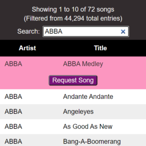 Screenshot of song list functionality